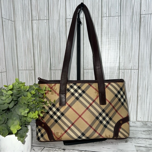 Burberry Vintage Nova Check Tote Bag Brown Leather Trim Plaid Shoulder Handbag - Picture 1 of 10